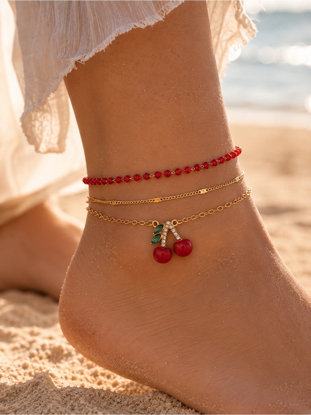 Gold Cherry Charm Anklet Set with Red Beads & Rhinestones